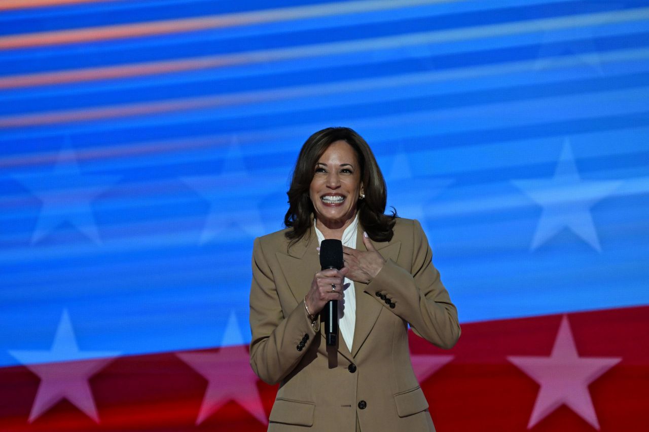 Vice President Kamala Harris speaks at the DNC in Chicago, on August 19.