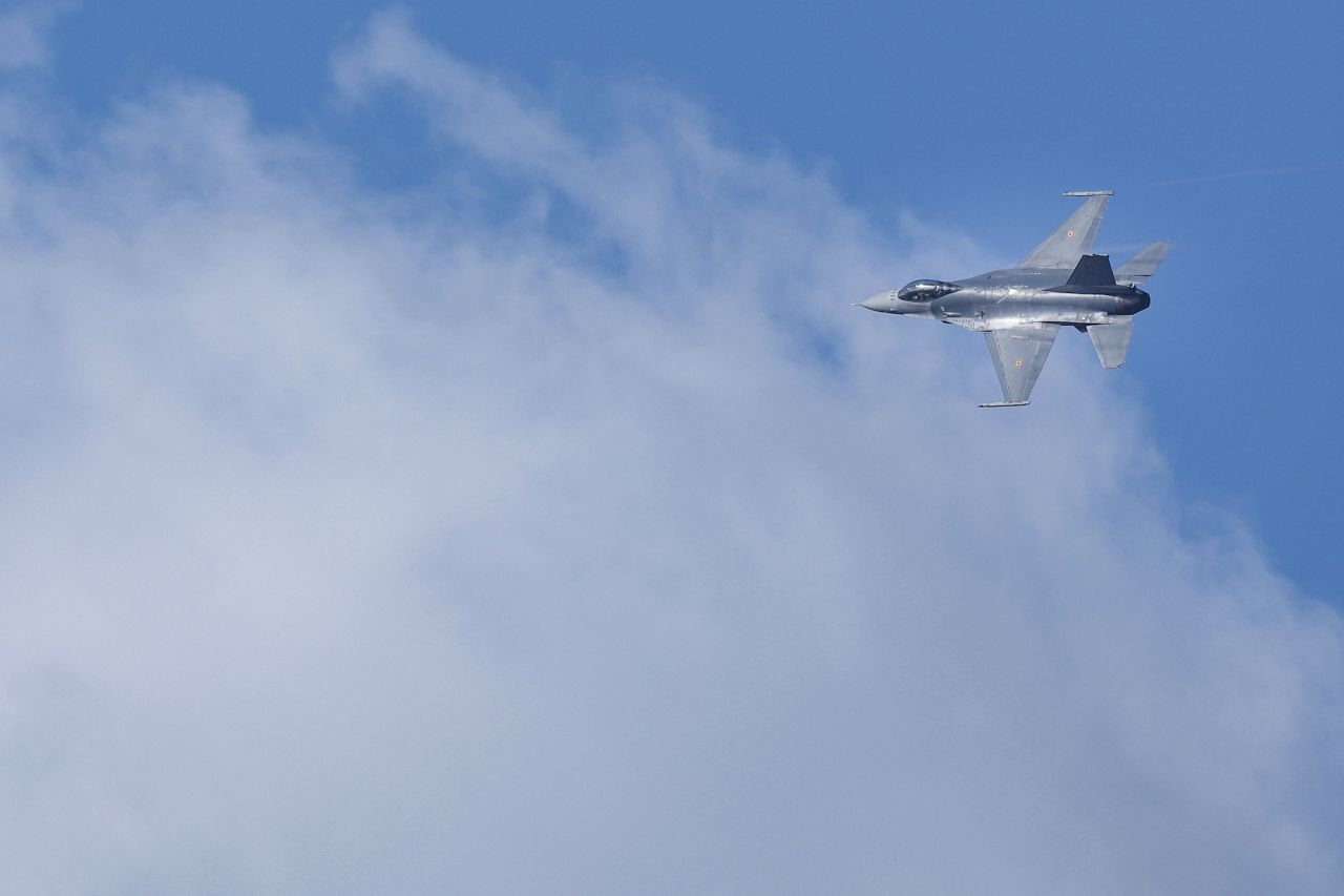 A Belgian F-16 fighter jet takes part in a drill in Belgium on October 18, 2022.