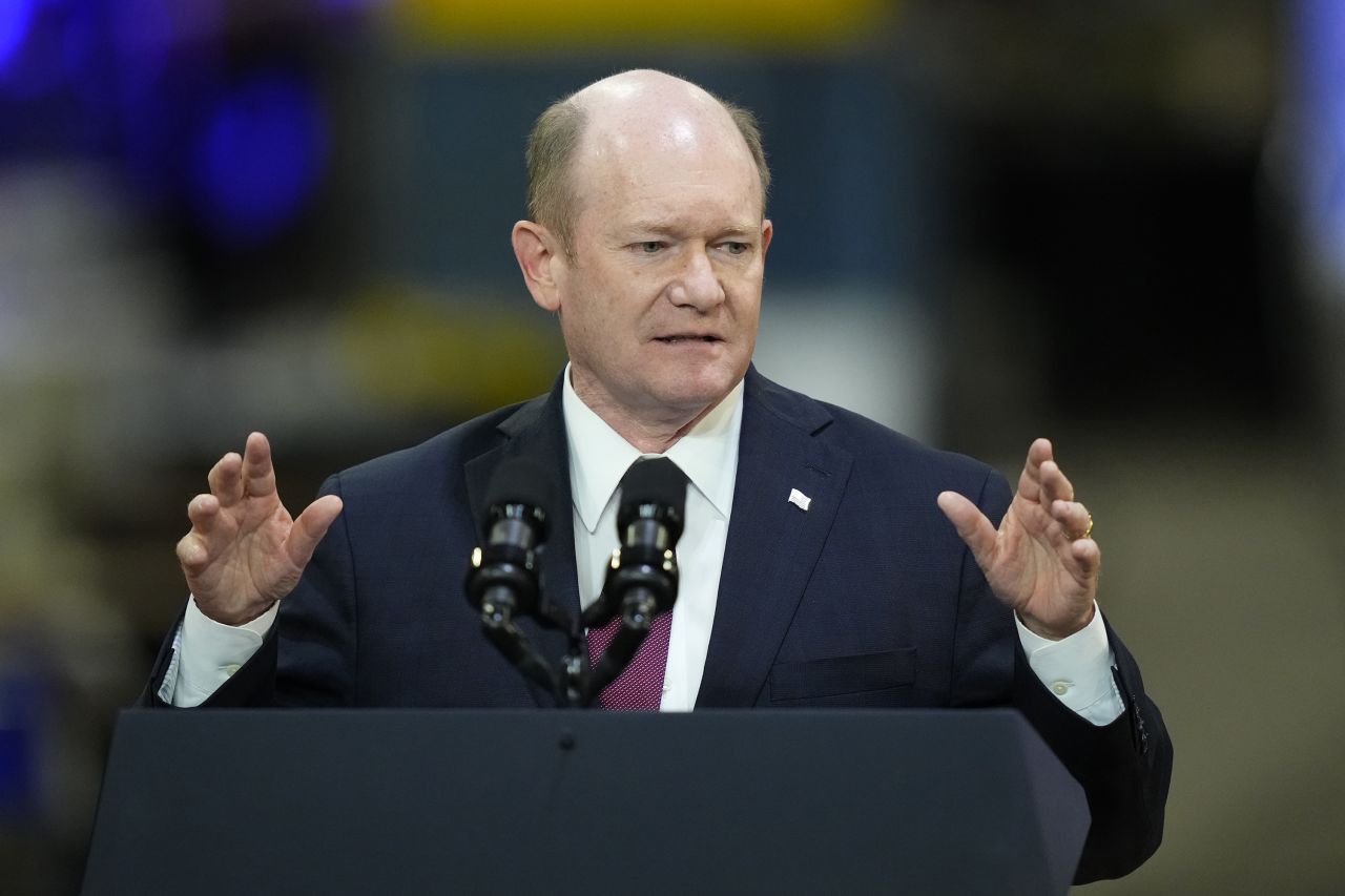 US Sen. Chris Coons speaks in Bear, Delaware, on November 6, 2023.