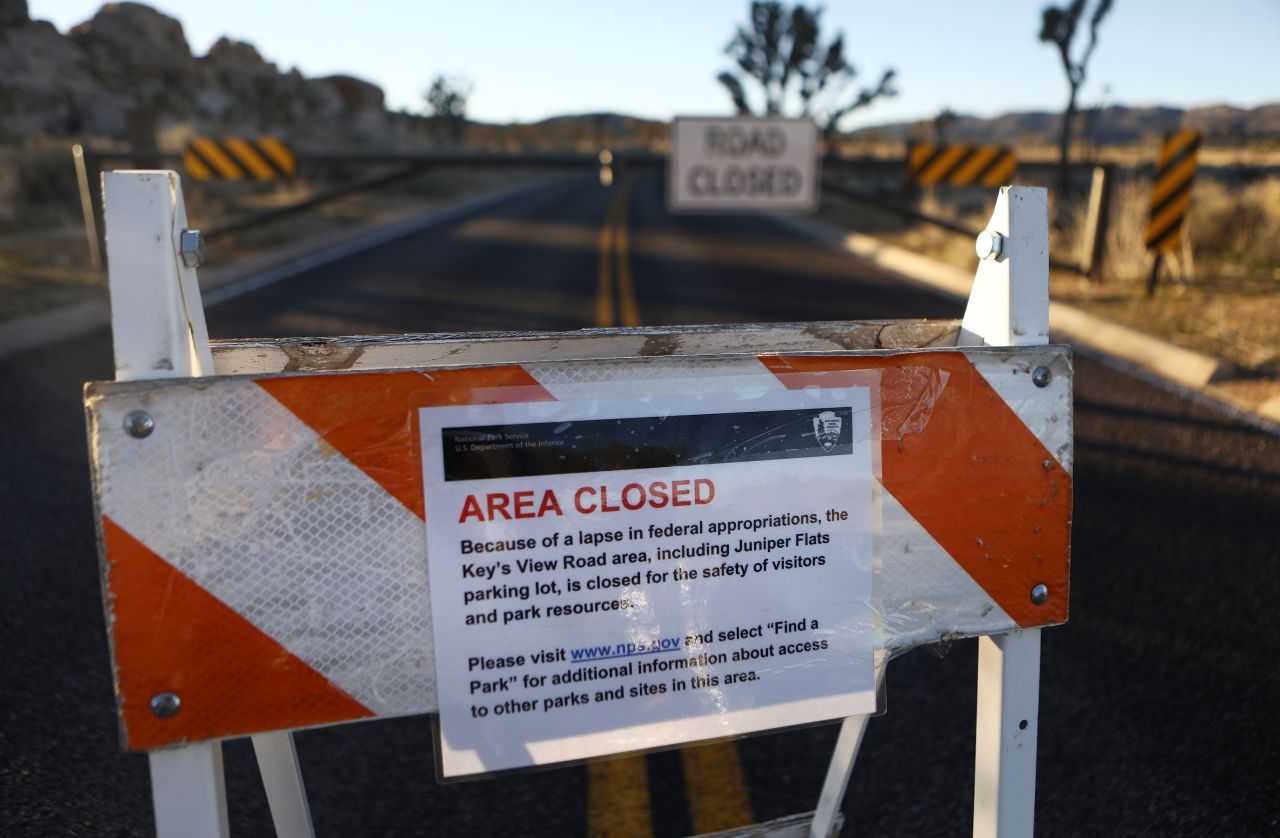 An "Area Closed" sign is posted in front of a closed section of road at Joshua Tree National Park on January 4.