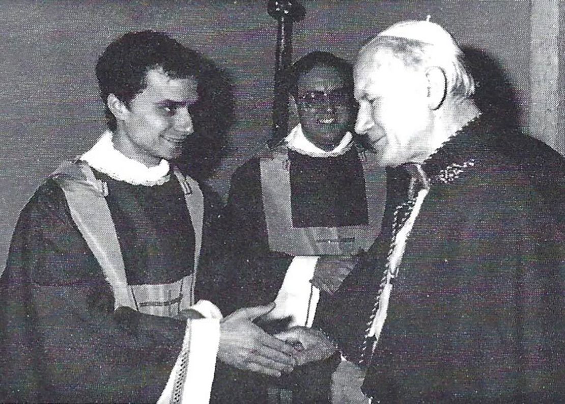 The newly ordained Rev. Robert Prevost shakes hands with Pope John Paul II in 1982.
