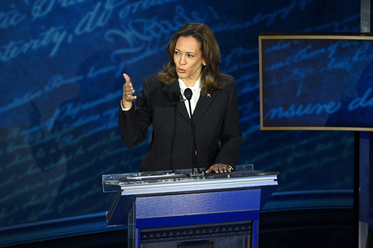 Vice President Kamala Harris speaks during a presidential debate with former President Donald Trump in Philadelphia on September 10.