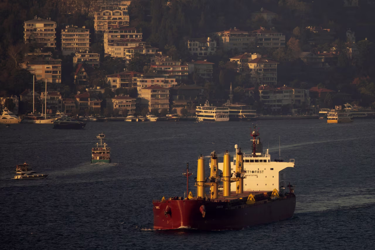 A bulk carrier hauling Ukrainian grain transits the Bosphorus strait in Istanbul on November 2, 2022. 