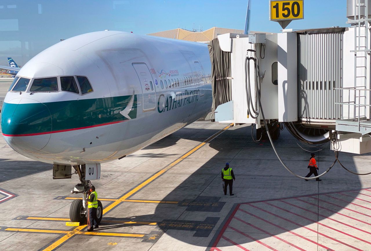 A Cathay Pacific plane is viewed at Los Angeles International Airport on February 12, 2020 in Los Angeles, California. 