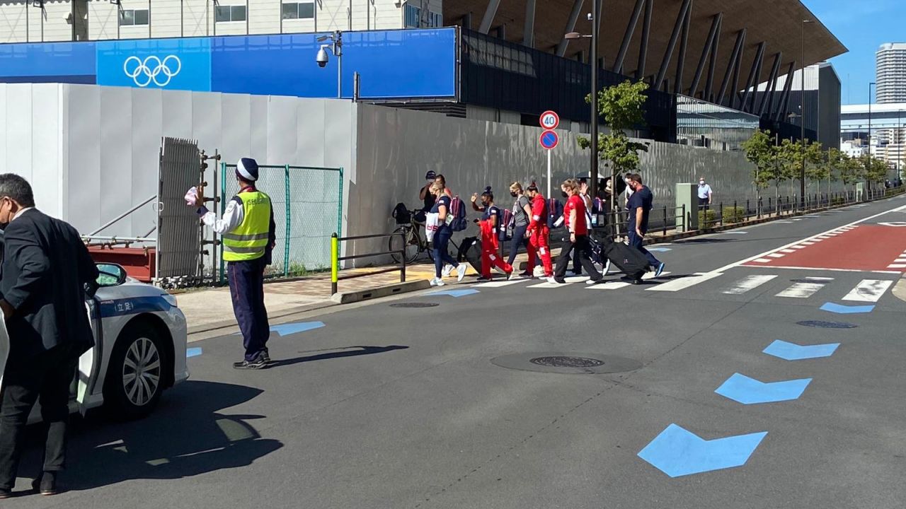 Simone Biles and Team USA arrive at Ariake Gymnastics Centre on Tuesday.