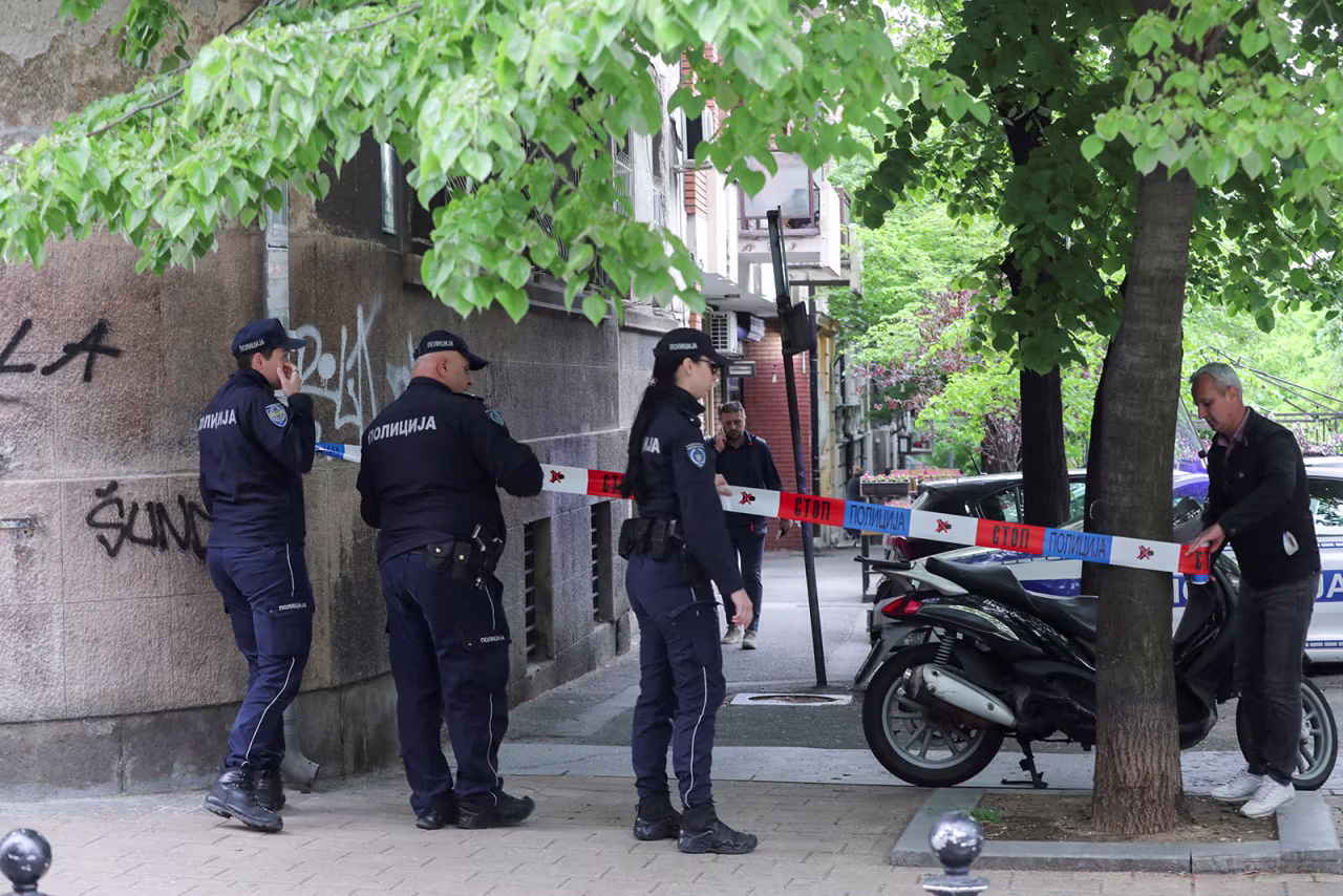 Police block the street around the school in Belgrade on Wednesday. 