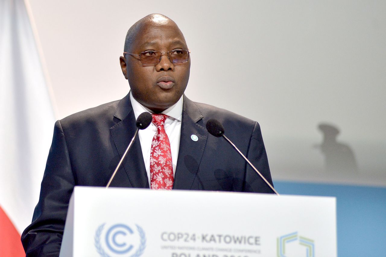 Prime Minister Ambrose Mandvulo Dlamini of Eswatini speaks at the COP24 UN climate change conference in Katowice, Poland on Dec. 3, 2018.