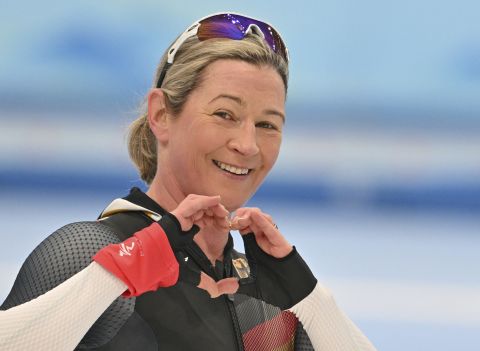German speed skater Claudia Pechstein celebrates after competing in the 3000m event on February 5, becoming the first woman to participate in eight Olympic Winter Games.