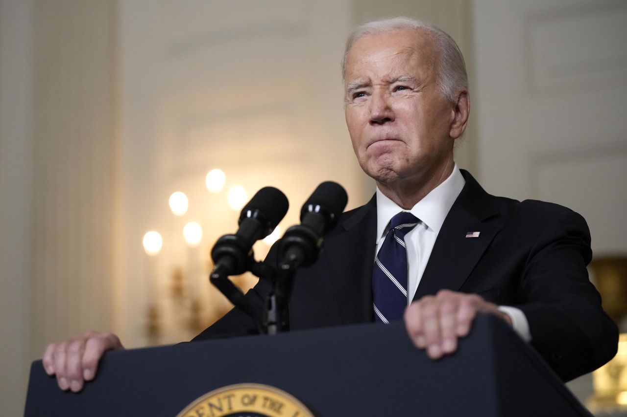 President Joe Biden delivers remarks on the Hamas terrorist attacks in Israel, at the White House in Washington, DC, on October 10.  