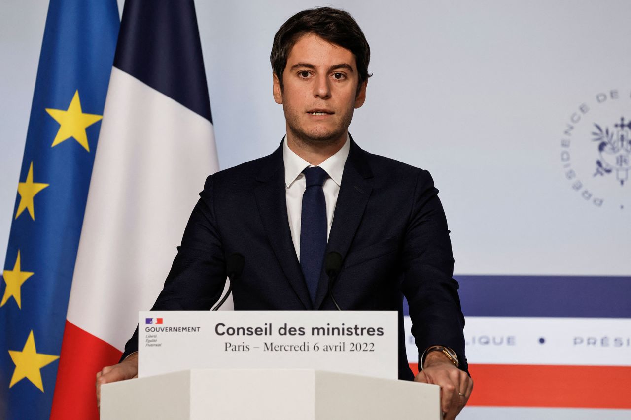 France's Secretary of State and Government's spokesperson Gabriel Attal holds a press conference after the weekly cabinet meeting at The Elysee Presidential Palace in Paris, France, on April 6.