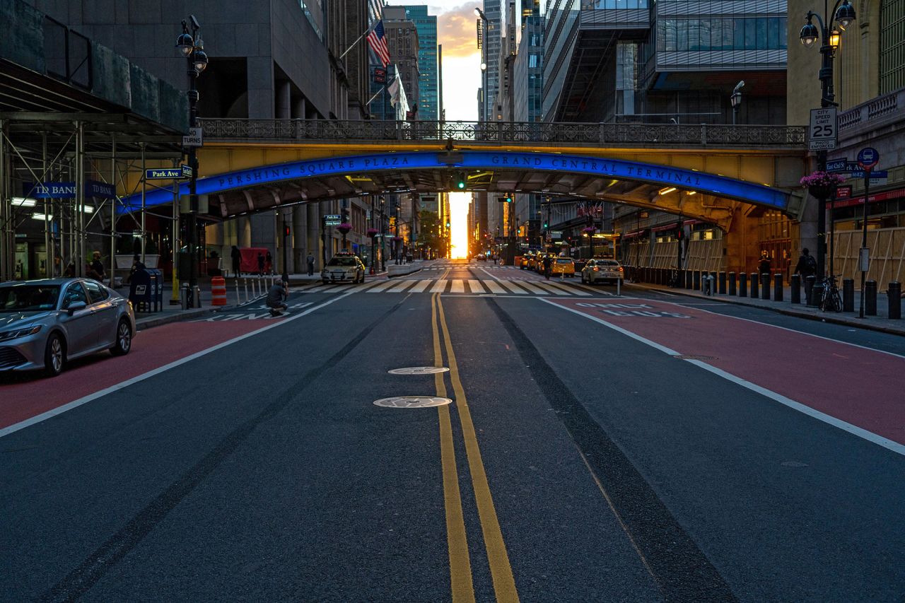 The Grand Central Terminal bridge is illuminated blue and gold Sunday night in honor of New Yorkers' work to flatten the curve of coronavirus cases.