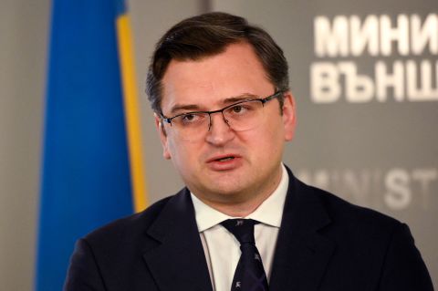 Ukrainian Foreign Minister Dmytro Kuleba speaks during a news conference on April 19. 