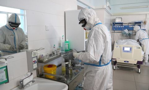 Medical staff wearing personal protective equipment (PPE) attend to COVID-19 patients at Vishnevsky National Medical Research Centre of Surgery in Moscow, Russia on May 8.  