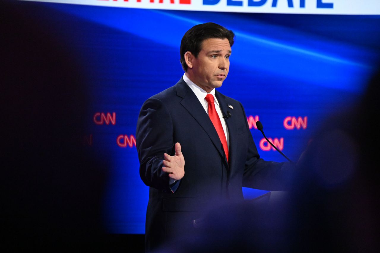 Former South Carolina Gov. Nikki Haley and Florida Gov. Ron DeSantis participate in a CNN Republican Presidential Debate at Drake University in Des Moines, Iowa, on January 10.