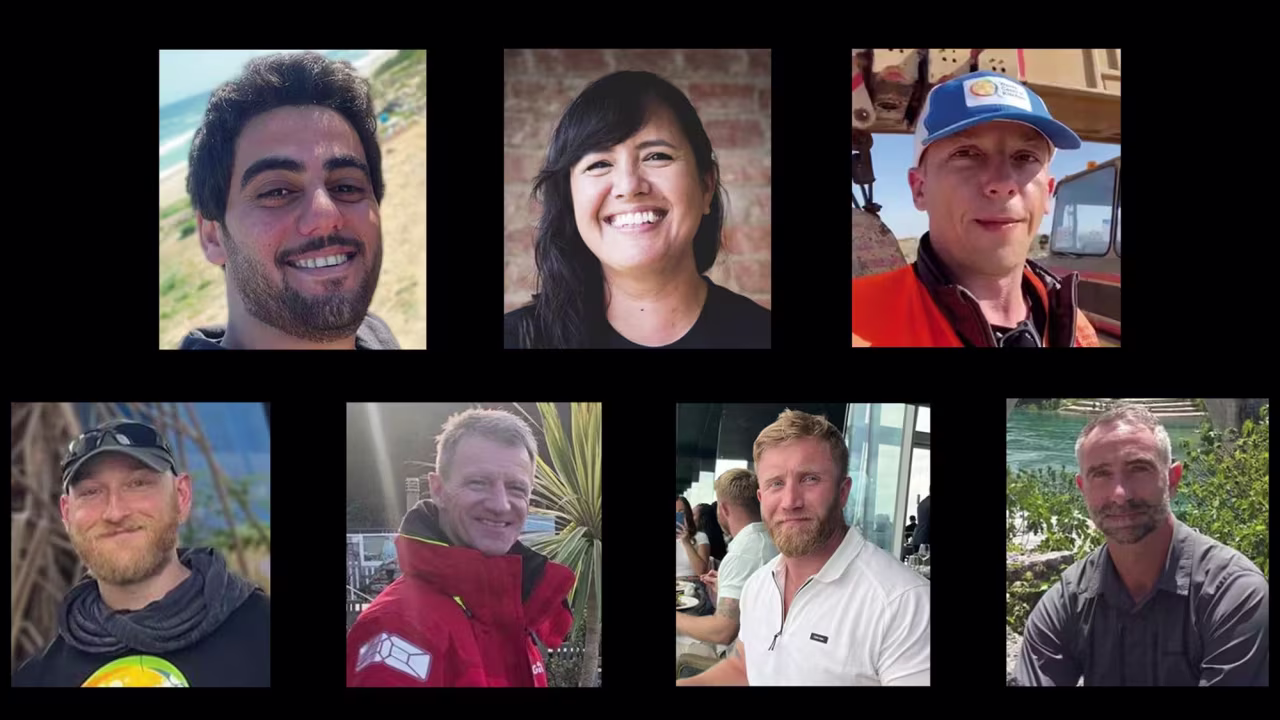 From top left, World Central Kitchen aid workers Saifeddin Issam Ayad Abutaha, Laizawmi "Zomi" Frankcom, Damian Soból, Jacob Flinkinger, John Chapman, James "Jim" Henderson and James Kirby were killed by an Israeli airstrike in Gaza.