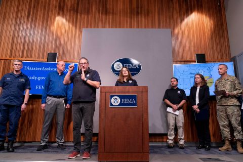 FEMA Response and Recovery Assistant Administrator Anne Bink, center, speaks at a news conference at FEMA Headquarters in Washington, DC, on September 30.