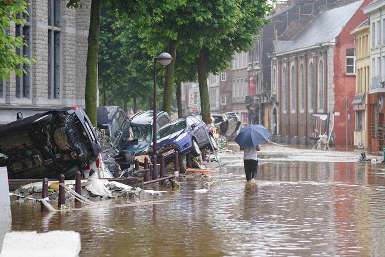 Flooded streets in Verviers, Belgium, after heavy rainfall, Thursday, July 15. 
