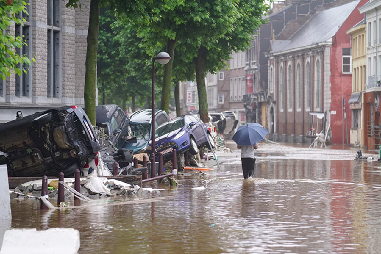 Flooded streets in Verviers, Belgium, after heavy rainfall, Thursday, July 15. 