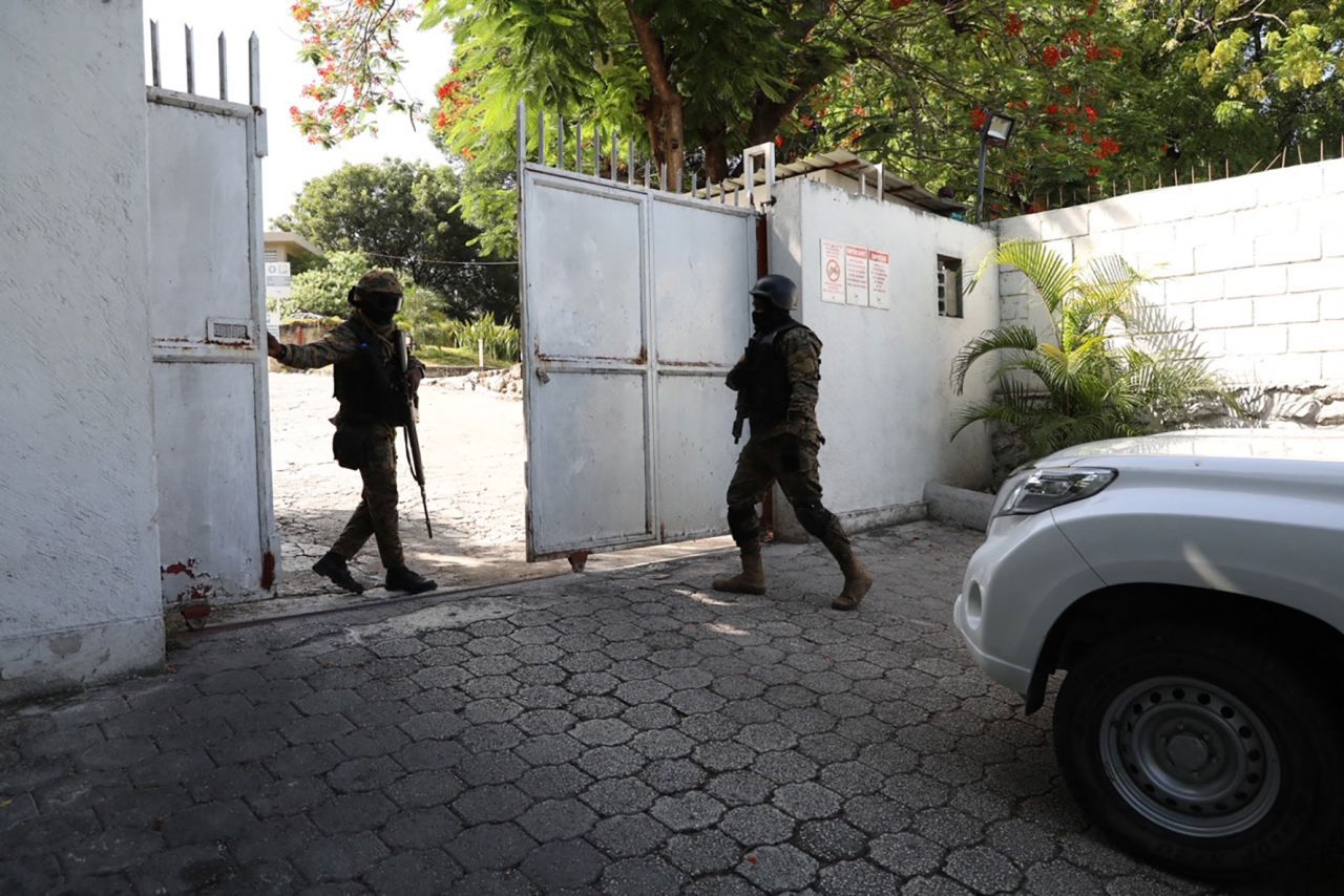 Members of the military are seen near the hospital where Haitian first lady Martine Moise was taken on July 7. 