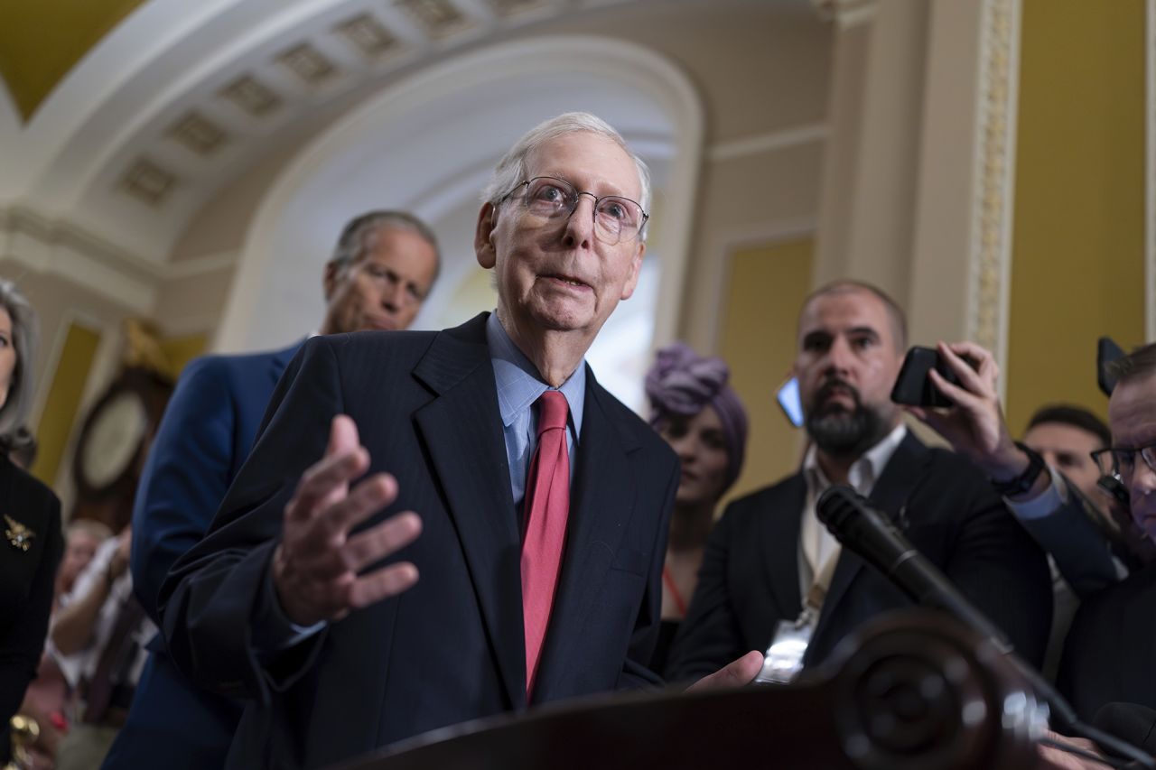 Senate Minority Leader Mitch McConnell Speaks to reporters after a closed-door GOP strategy meeting, at the Capitol in Washington D.C., on September 6.