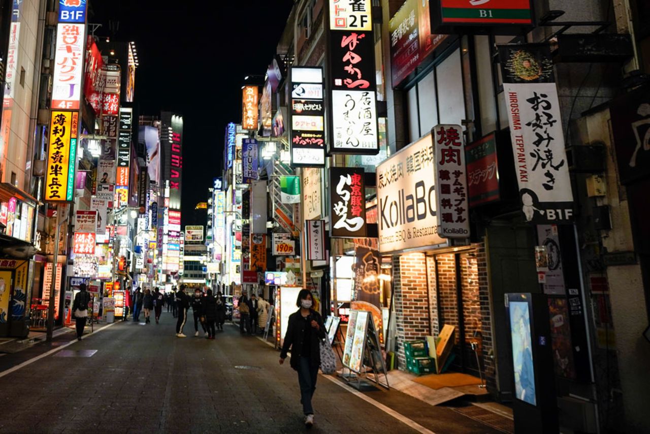 A general view of Tokyo's Kabukicho adult entertainment area seen less busy in the Shinjuku district on April 7, in Tokyo, Japan.