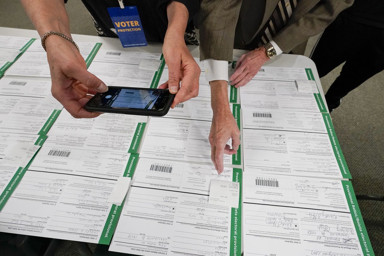 A canvas observer photographs Lehigh County provisional ballots as vote counting in the general election continues on Friday, November 6, in Allentown, Pennsylvania.