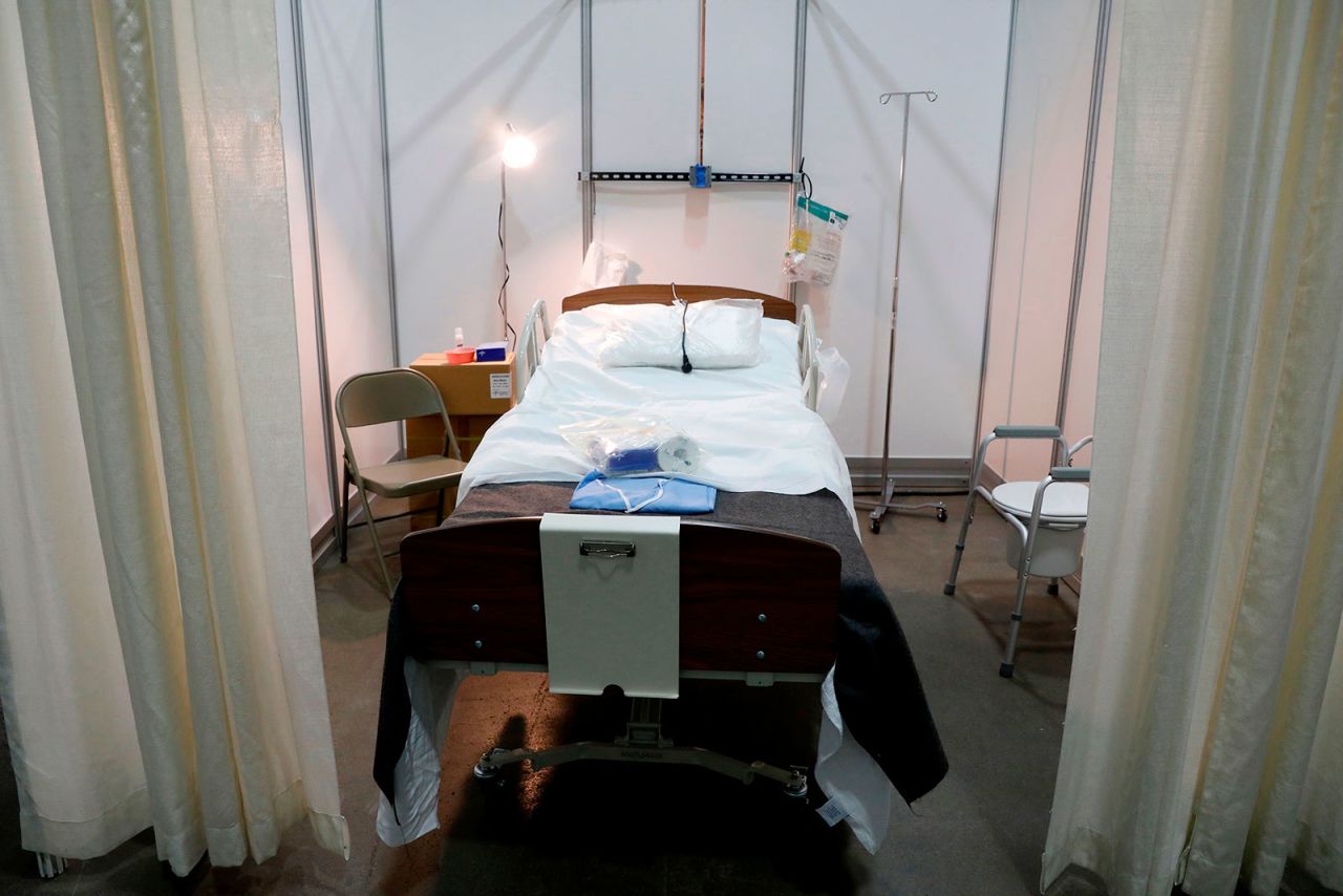 A hospital bed sits inside the TCF Center in Detroit, Michigan, on April 6.