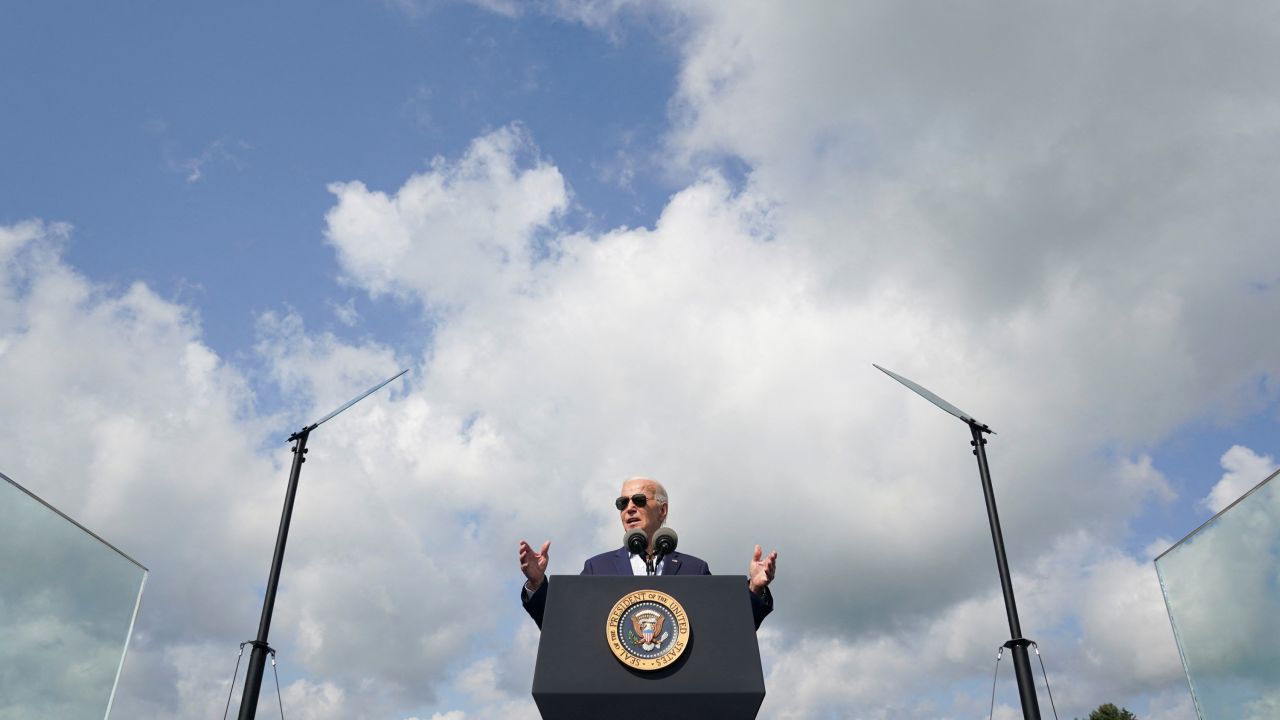 Joe Biden delivers remarks during a visit to Vernon Electric Cooperative in Westby, Wisconsin, on September 5.