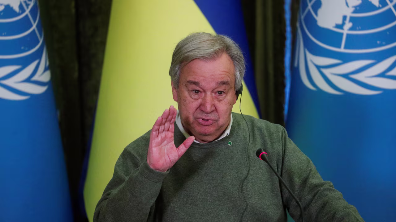 United Nations secretary-general António Guterres speaks during a news conference in Kyiv, Ukraine on Thursday April 28.