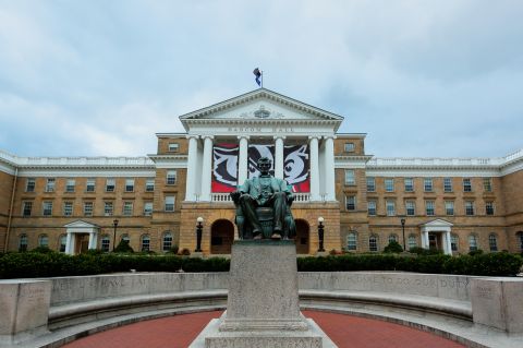 Bascom Hall and a statue of Abraham Lincoln are seen on the campus of the University of Wisconsin–Madison.