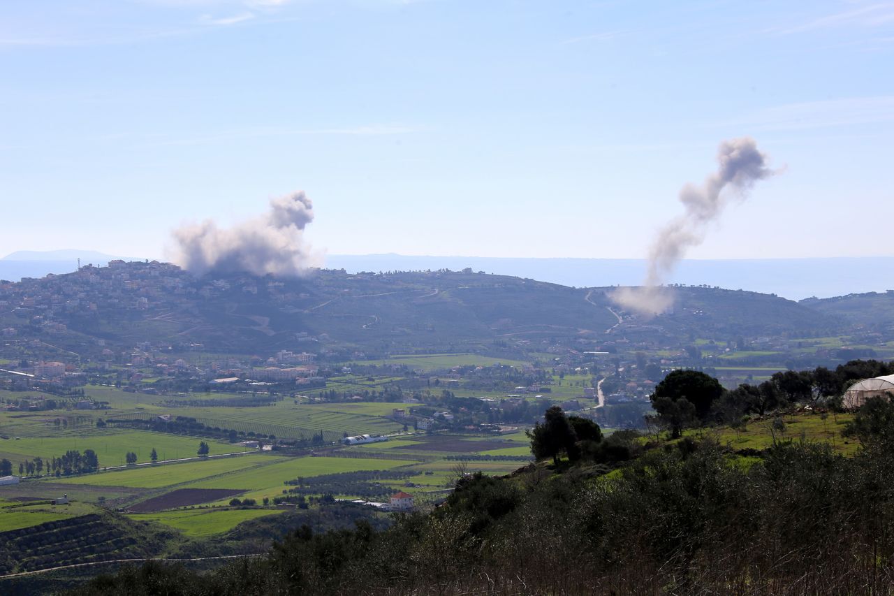 Smokes rises above Nabatieh, Lebanon, after Israeli attacks on February 8.