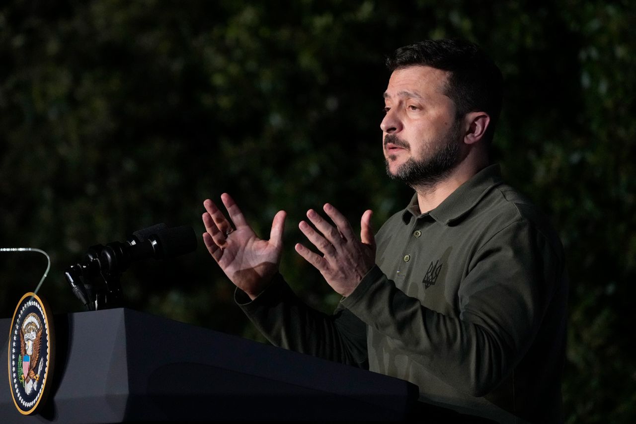 Zelenskyy speaks during a press conference on the sidelines of the G7 on June 13.