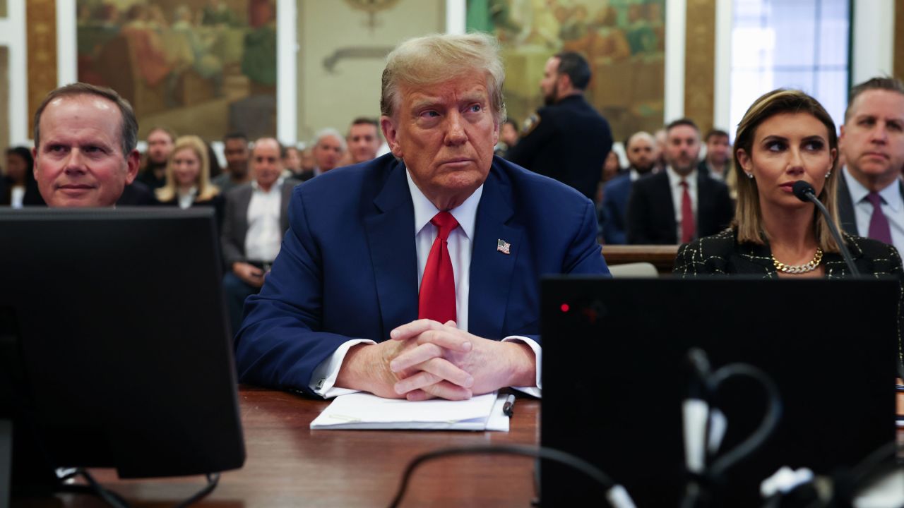 Former President Donald Trump and his lawyers Christopher Kise and Alina Habba attend closing arguments in the civil fraud trial in January.