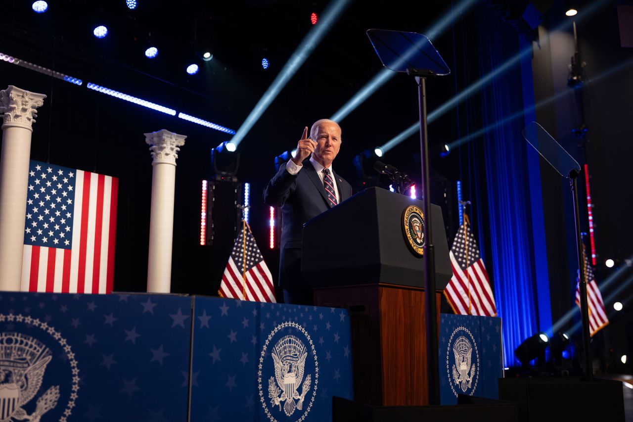 President Biden gives a campaign speech at Montgomery County Community College on January 5 in Blue Bell, Pennsylvania.