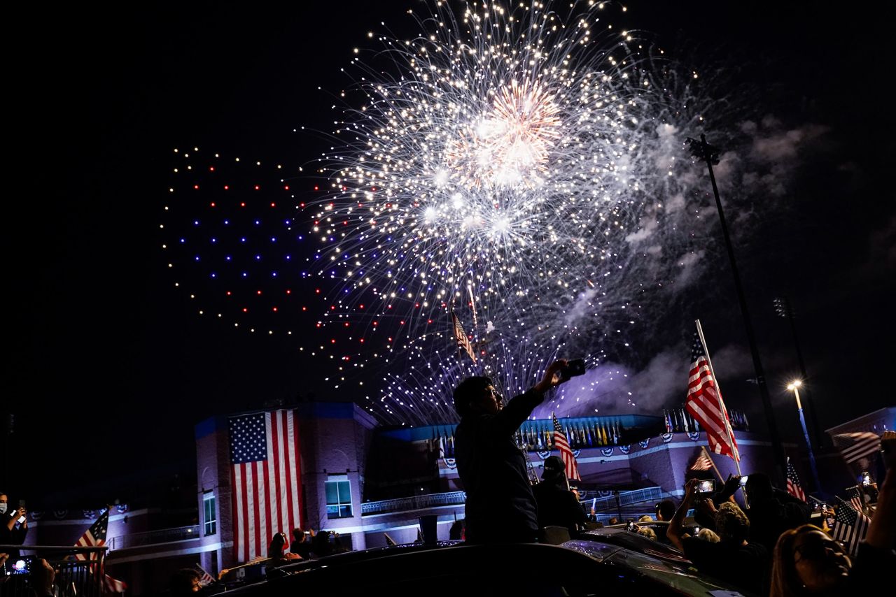 Fireworks go off after an event by President-elect Joe Biden on November 7 in Wilmington, Delaware.