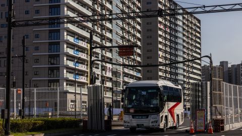 A bus leaves the Tokyo Olympics Village on July 19 in Tokyo.