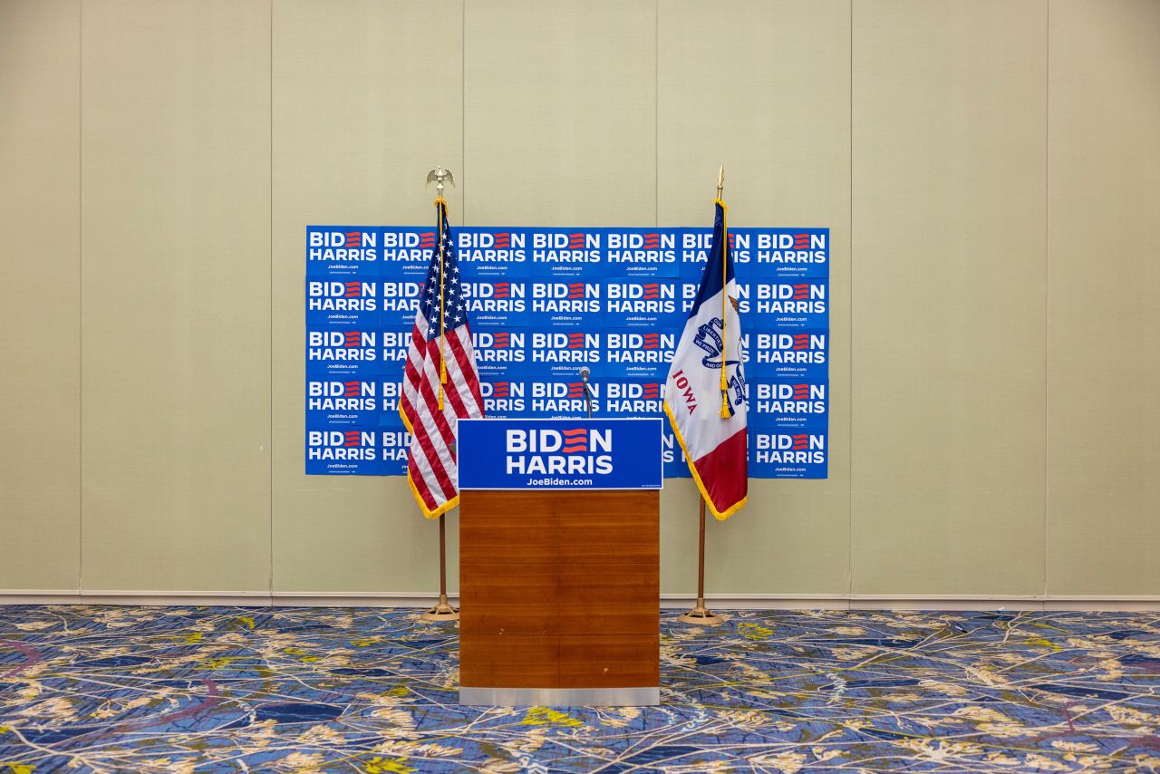 Signage on a podium prior to a news conference hosted by Biden-Harris 2024 National Advisory Board members in Des Moines, Iowa, on January 15.