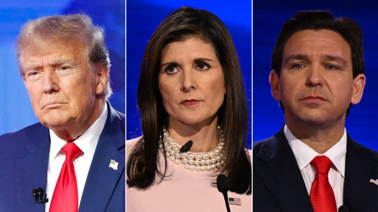 Former President Donald Trump, left, former South Carolina Gov. Nikki Haley and Florida Gov. Ron Desantis.