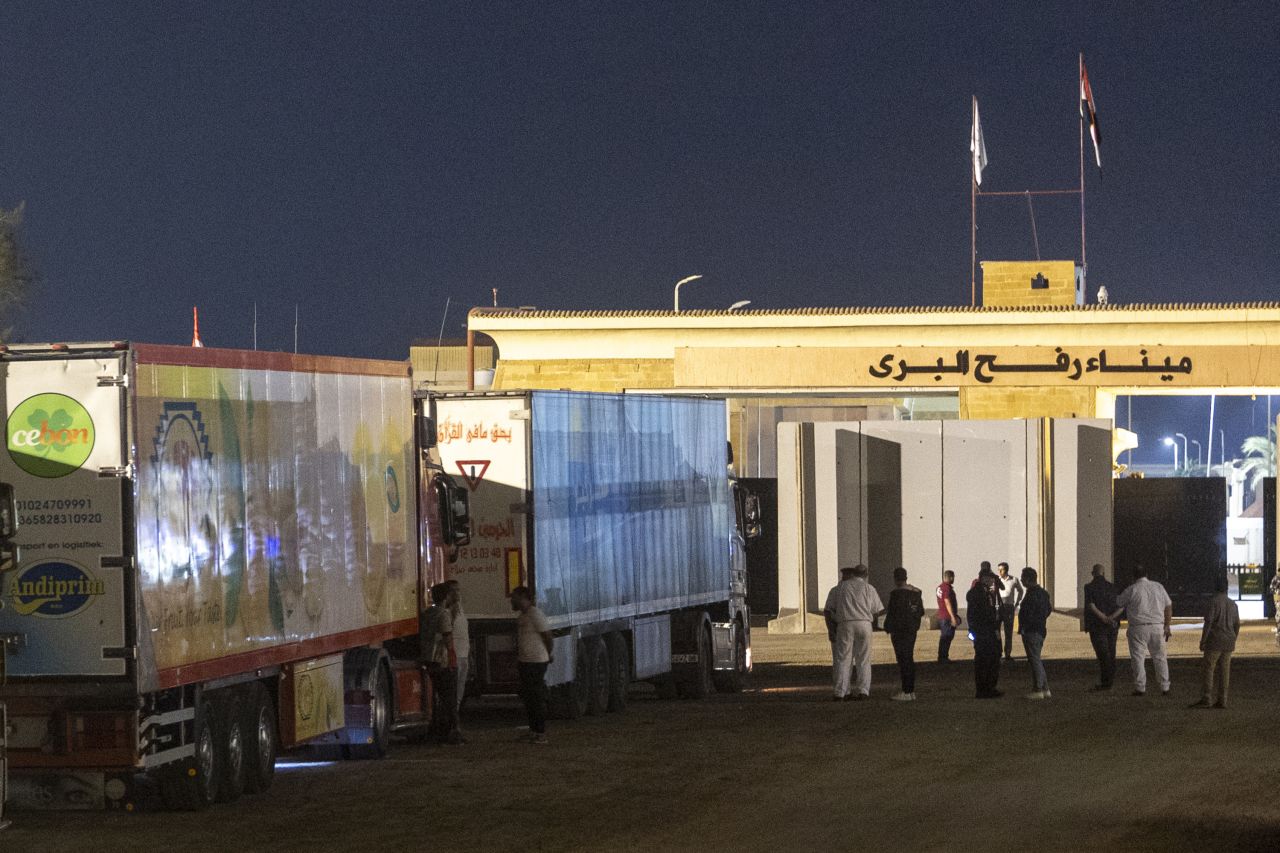 Aid convoy trucks are seen at Rafah border on October 17, 2023 in North Sinai, Egypt.