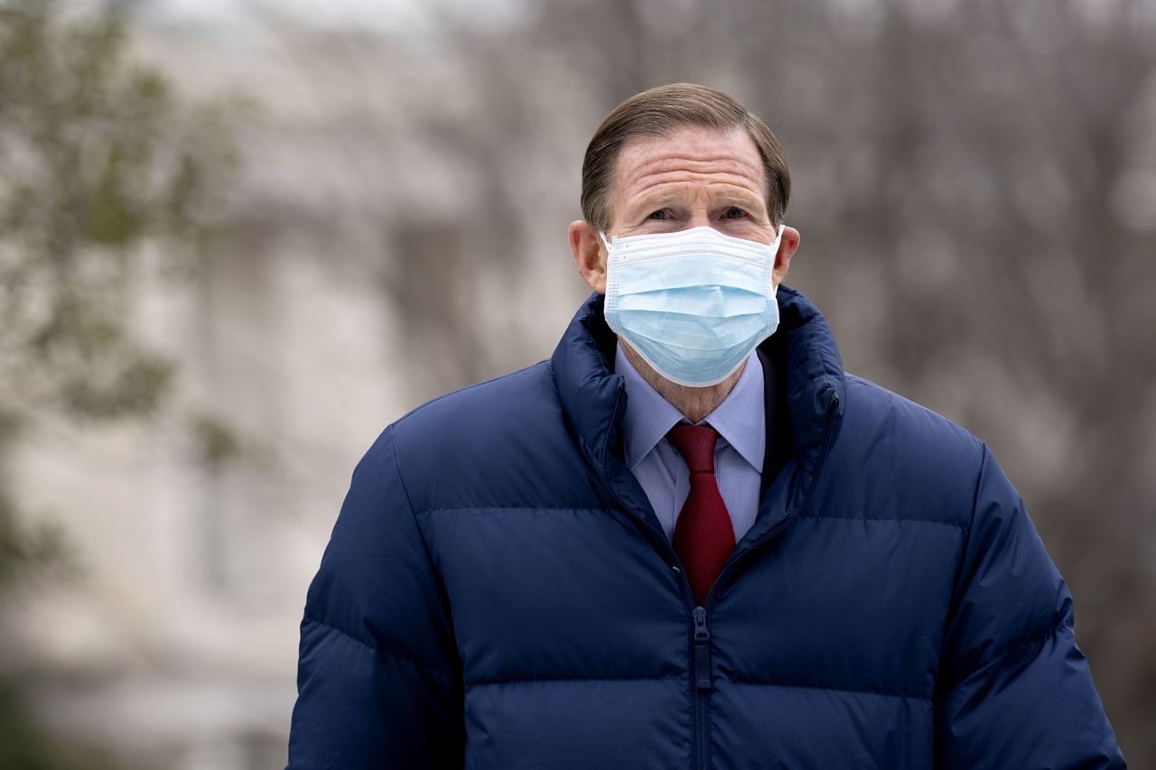 US Sen. Richard Blumenthal arrives at the Capitol in Washington, DC, on February 12.