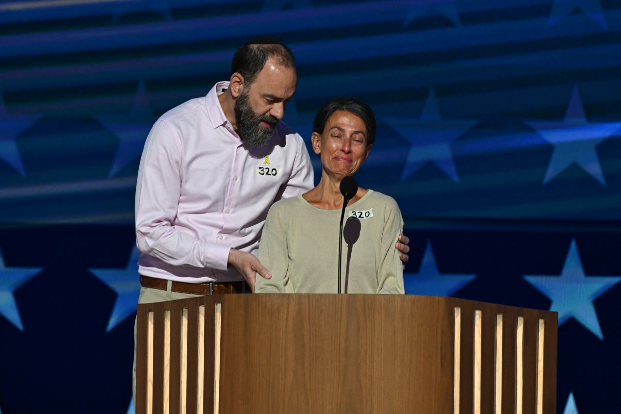 Jon Polin and Rachel Goldberg-Polinthe, parents of Hersh Goldberg-Polin, speak and share their “pain and misery” for their missing son at the 2024 Democratic National Convention in Chicago on August 21.