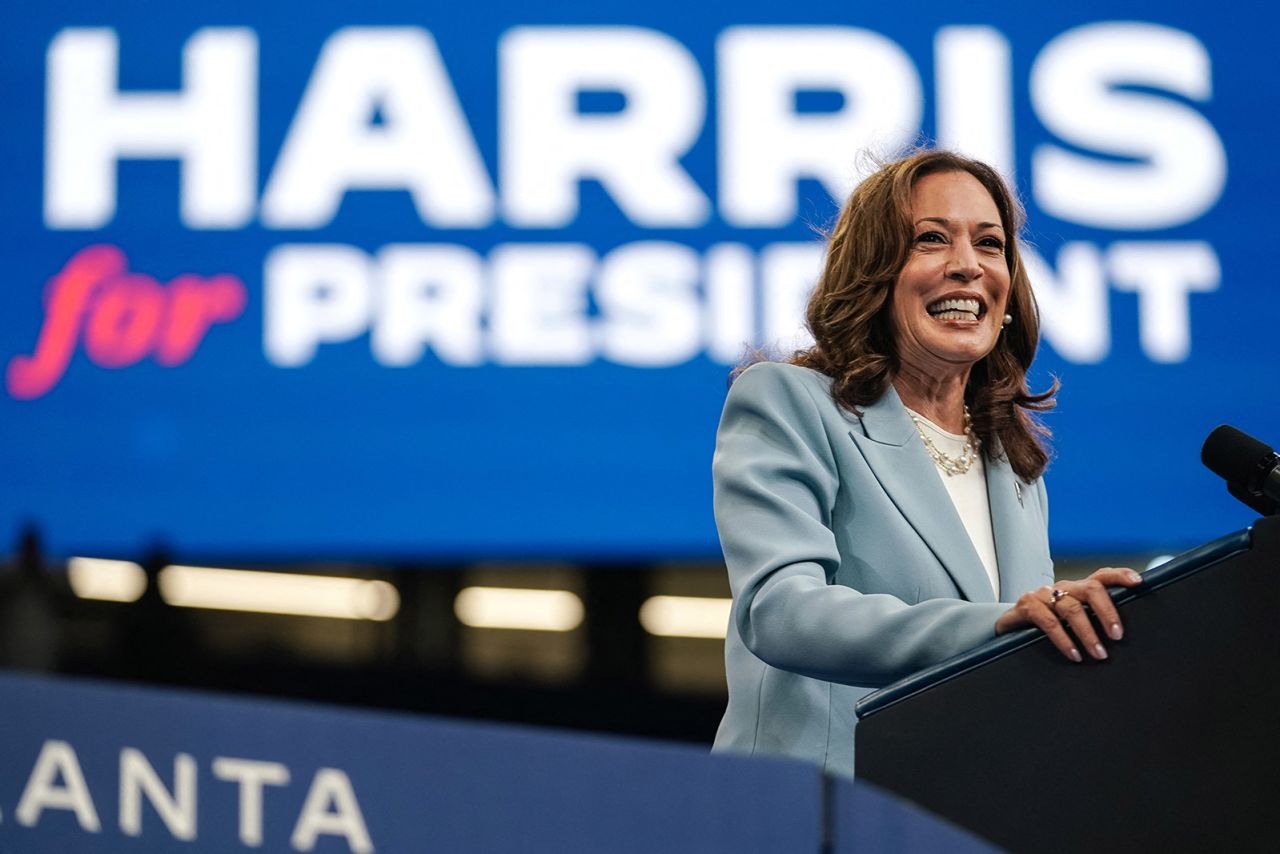 Vice President and 2024 Democratic presidential candidate Kamala Harris speaks at a campaign rally in Atlanta, Georgia, on July 30.