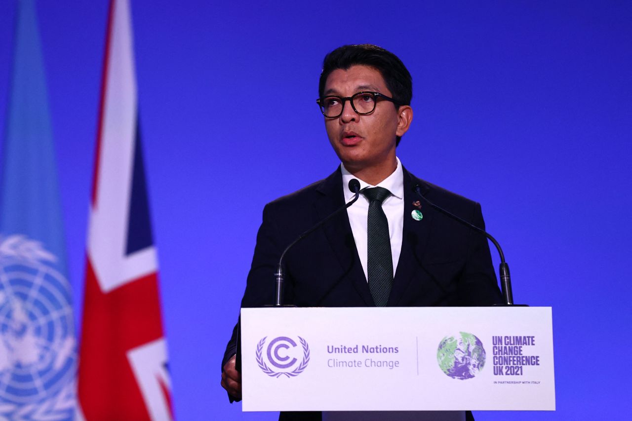 Madagascar's President Andry Rajoelina speaks at COP26 in Glasgow, Scotland, on November 2.