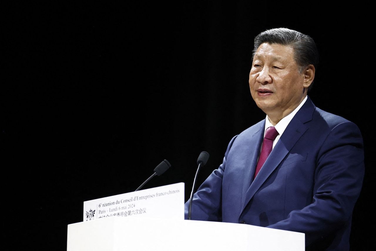 Chinese President Xi Jinping speaks in Paris on Monday, May 6.