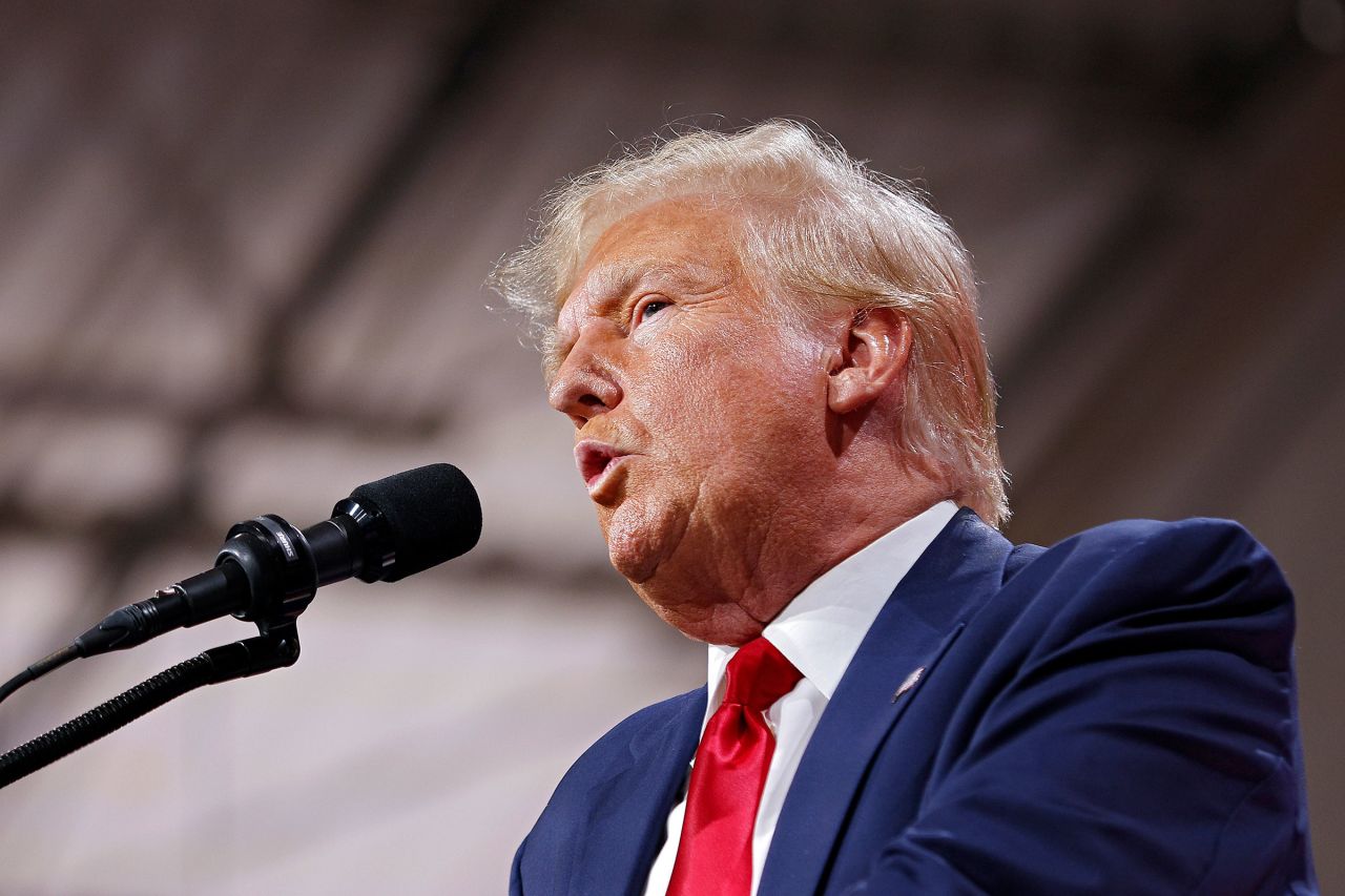 Former President Donald Trump speaks in Clinton Township, Michigan, on Wednesday, September 27, 2023.