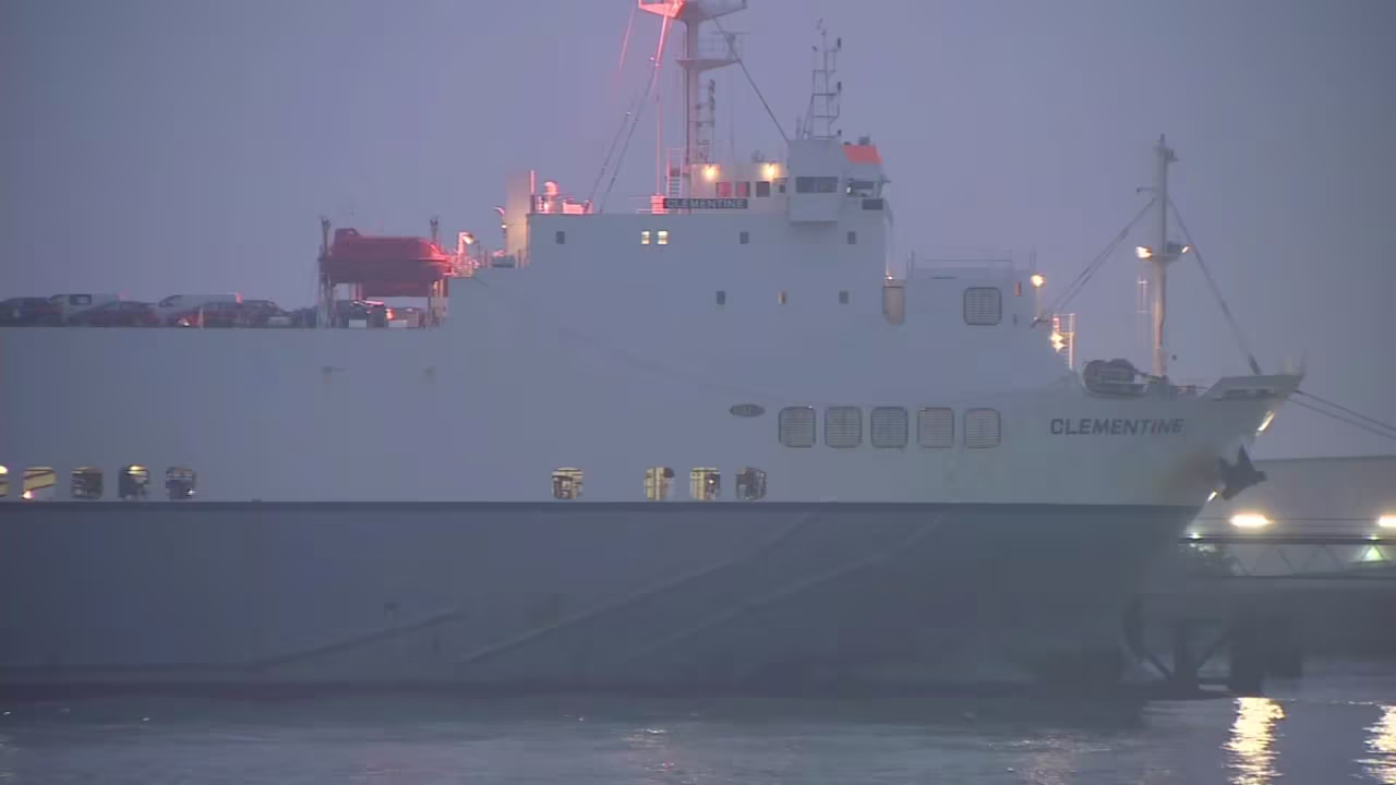 The Clementine ferry belongs to Cobelfret Ferries and regularly shuttles between Zeebrugge, Belgium, and Purfleet, UK.