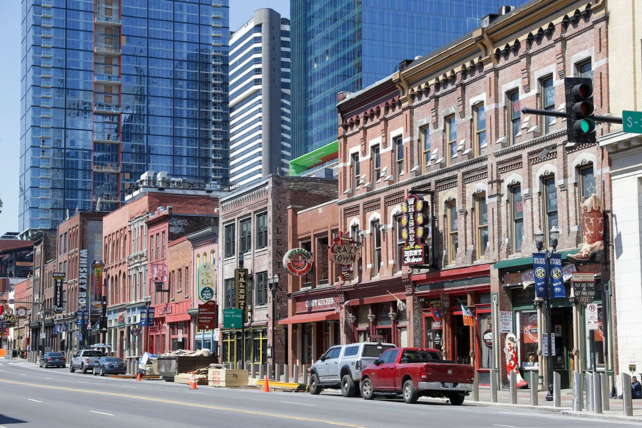 Restaurants, bars and stores sit closed on April 16, in Nashville. 