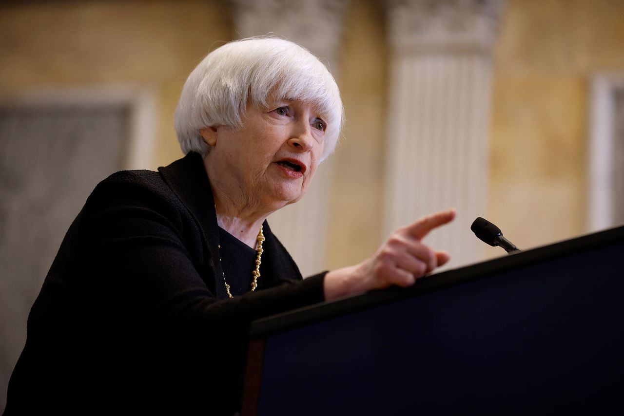 US Treasury Secretary Janet Yellen talks to reporters during a news conference in the Cash Room at the Treasury Department on April 21 in Washington, DC. 