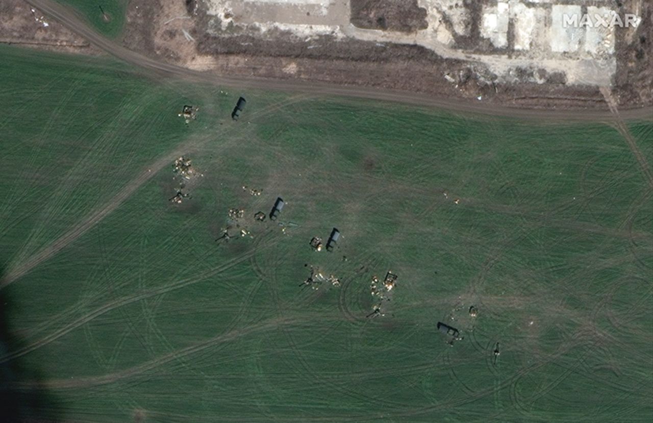 Towed artillery positions are seen just northeast of Mariupol. 