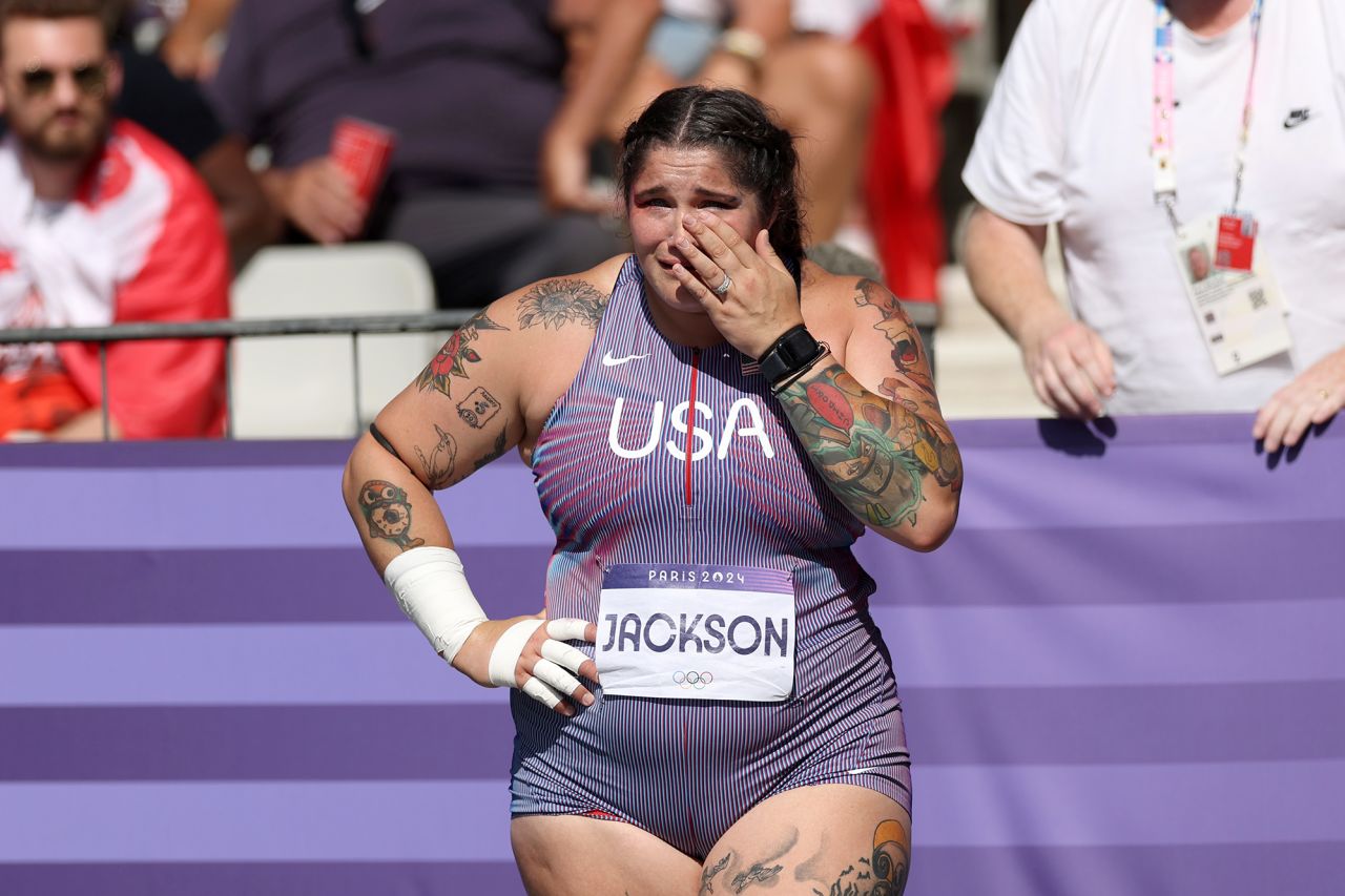 Chase Jackson of Team United States reacts after competing in the women's shot put qualification on day thirteen of the Olympic Games Paris 2024 at Stade de France on August 8.